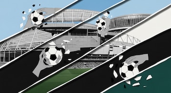 Ilustración collage con bandas diagonales, manos grises sostienen balones de fútbol blancos y negros que se rompen, sobre fondos de estadios y cielo.