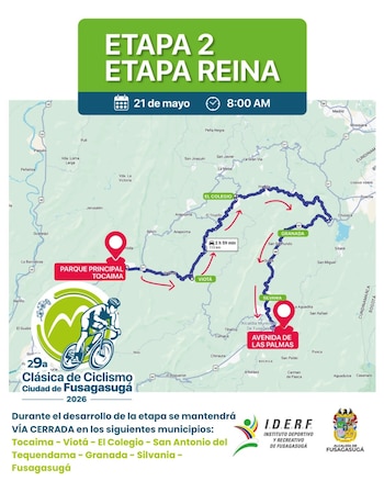 El desarrollo de la segunda etapa de la 29ª Clásica de Ciclismo Ciudad de Fusagasugá provocará un cierre total de la Vía Sumapaz este jueves 21 de mayo de 2026. La restricción afectará el tramo entre el “alto del pandebono” y Fusagasugá en sentido Girardot, desde las 8:00 a.m. hasta el mediodía - crédito Alcaldía de Fusagasugá