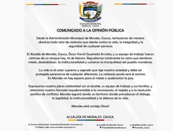 La Alcaldía de Morales rechazó el ataque contra el mandatario y su equipo, reafirmando su compromiso con la vida, la legalidad y la tranquilidad del municipio. - crédito Alcaldía de Morales