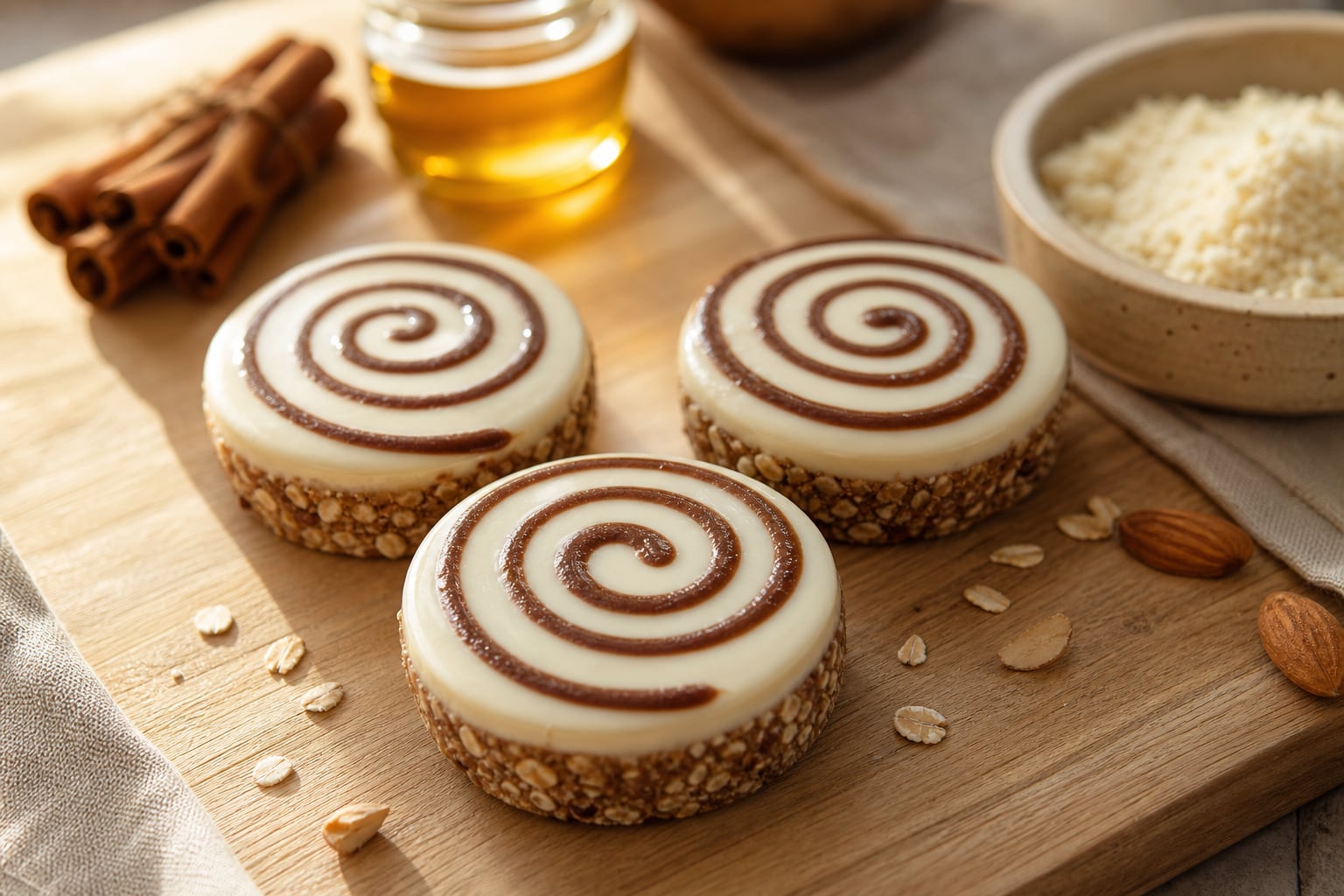 Tres bocadillos artesanales de avena reposan en una tabla de madera junto a varas de canela, miel y harina de almendra. (Imagen Ilustrativa Infobae)
