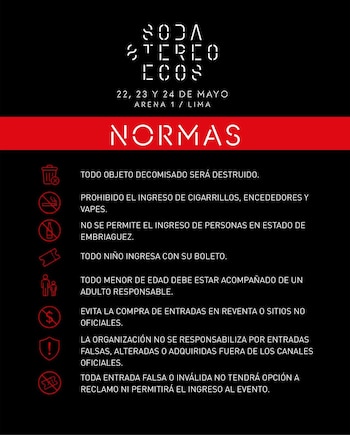 Normas para el ingreso a los conciertos de Soda Stereo en la Costa Verde.