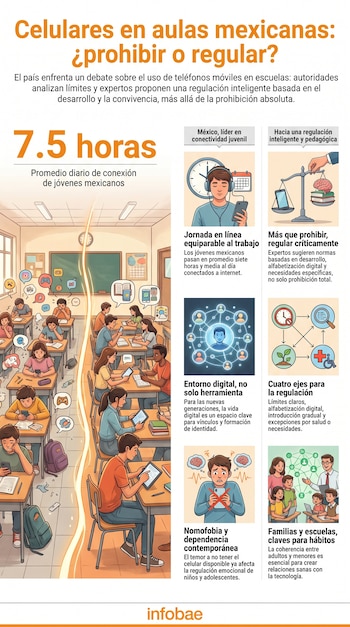 Infografía de aula dividida con estudiantes usando celulares y tabletas. Cuadros de texto explican datos sobre uso de móviles en escuelas de México. Logotipo Infobae.