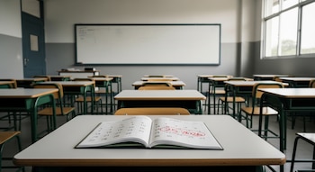 Aula escolar vacía con filas de pupitres de madera y metal verde, un pizarrón blanco al fondo y luz natural. Un calendario en primer plano marca 25 de mayo de 2026.