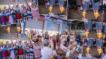 Collage con grupos de personas en trajes bávaros, con brazos alzados. También se ven piernas con calcetines de jarras de cerveza y hombres brindando con jarras.