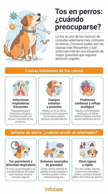 Infografía que ilustra un perro tosiendo, virus, alérgenos, huesos y gusanos como causas de tos. Muestra órganos afectados y signos de alerta como fiebre y vómitos.