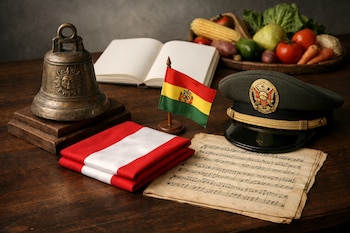 Campana antigua de bronce, bandera peruana doblada, bandera boliviana pequeña, gorro de policía, partitura de música. Cuaderno abierto y cesta con frutas y verduras.