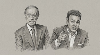Ilustración a lápiz en blanco y negro de José Ramón Fernández (izquierda) en traje y gafas, y David Faitelson (derecha) señalando con cabello rizado.