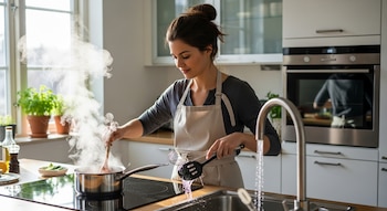 Mujer joven con delantal beige cocina en una cocina moderna. Ella revuelve una olla humeante en la hornalla y enjuaga utensilios bajo el grifo.