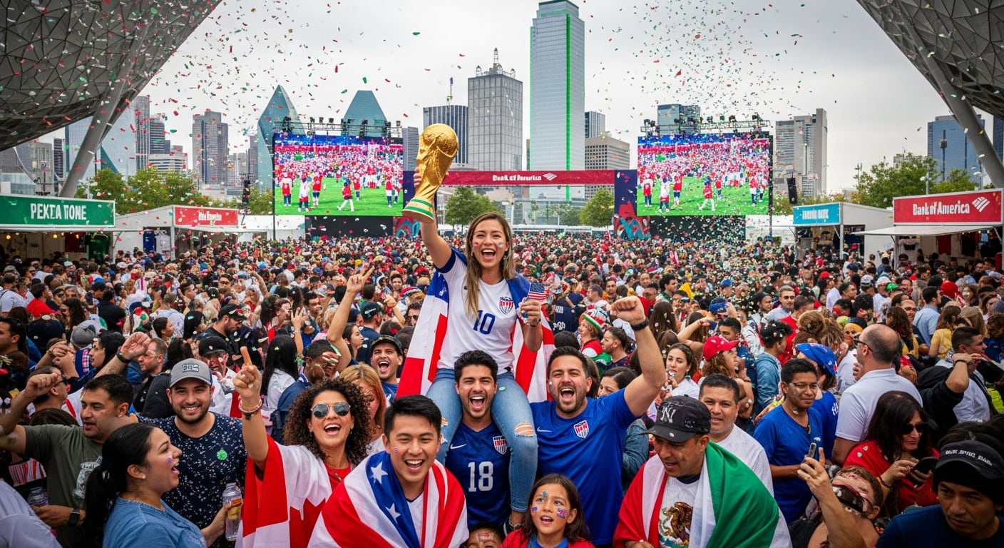 Miles de aficionados vibran de alegría en Dallas durante la celebración de la Copa Mundial FIFA 2026, con una mujer levantando un trofeo mientras cae confeti sobre la multitud entusiasta. (Imagen Ilustrativa Infobae)