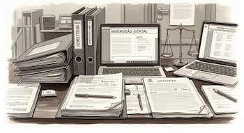 Ilustración en tonos sepia de un escritorio judicial con expedientes, carpetas, dos computadores portátiles, documentos legales y una balanza de la justicia.