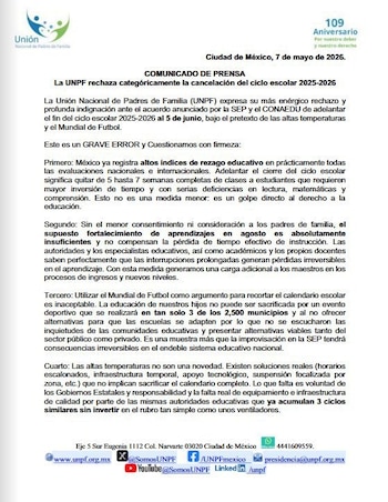 Rechazo SEP corte ciclo escolar UNPF comunicado (especial)