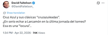 Faitelson dio a entender que fue una mala decisión por parte de Cruz Azul. X/@DavidFaitelson_