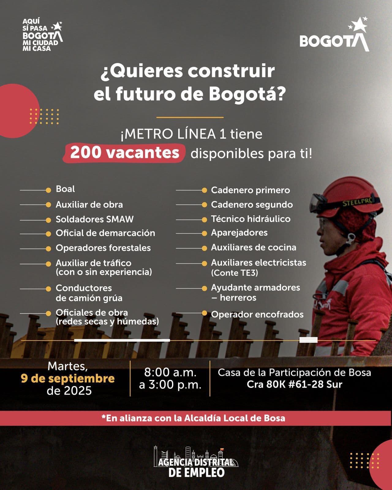 La Feria de Empleo se realizará el 9 de septiembre de 2025 en la Casa de Participación de Bosa, de 8:00 a. m. a 3:00 p. m. - crédito Metro de Bogotá