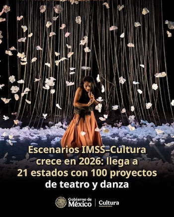 Imagen promocional con una bailarina en un escenario oscuro, rodeada de pétalos blancos flotantes y cuerdas verticales en el fondo