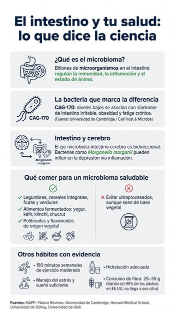 Infografía sobre el intestino y la salud con título, texto explicativo, íconos de intestino, bacterias, cerebro, alimentos y actividades físicas. Incluye fuentes.