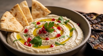 Plato hondo de cerámica con baba ganoush, aceite de oliva, semillas de granada y perejil, acompañado de pan pita y berenjenas asadas al carbón.