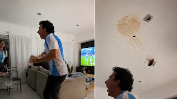 El eufórico festejo de un hincha argentino tras el segundo gol ante Cabo Verde que terminó con un vaso de fernet por el aire