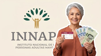 Mujer adulta mayor sonriente con cabello gris mostrando credencial INAPAM y billetes de 500 y 200 pesos mexicanos. Fondo con logo INAPAM.