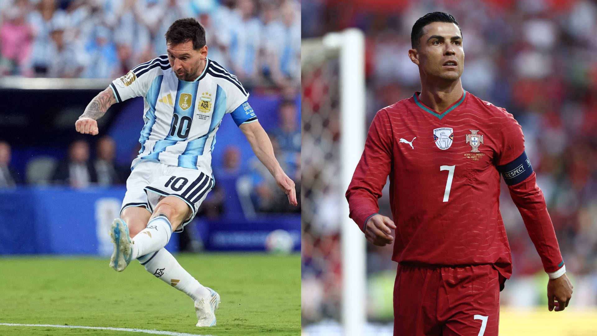 La imagen muestra al futbolista Lionel Messi con la camiseta de Argentina y a Cristiano Ronaldo con la camiseta de Portugal, en diferentes momentos de partidos. (REUTERS)