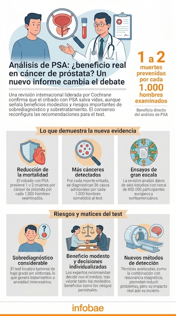 Infografía ilustra a un hombre, un médico, una próstata bajo una lupa y un tubo de ensayo de sangre, junto a datos sobre el cribado de cáncer de próstata.