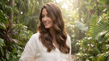 Mujer de cabello castaño ondulado y blusa blanca sonríe con fondo de follaje verde borroso y luz solar.