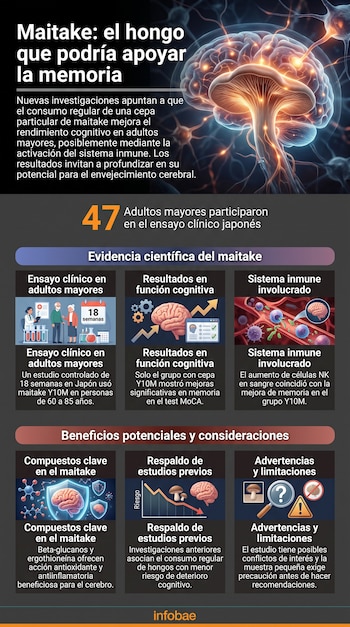 Infografía con ilustraciones de hongo maitake, cerebro, neuronas, células sanguíneas, calendario, personas, gráficos y texto sobre investigación científica.