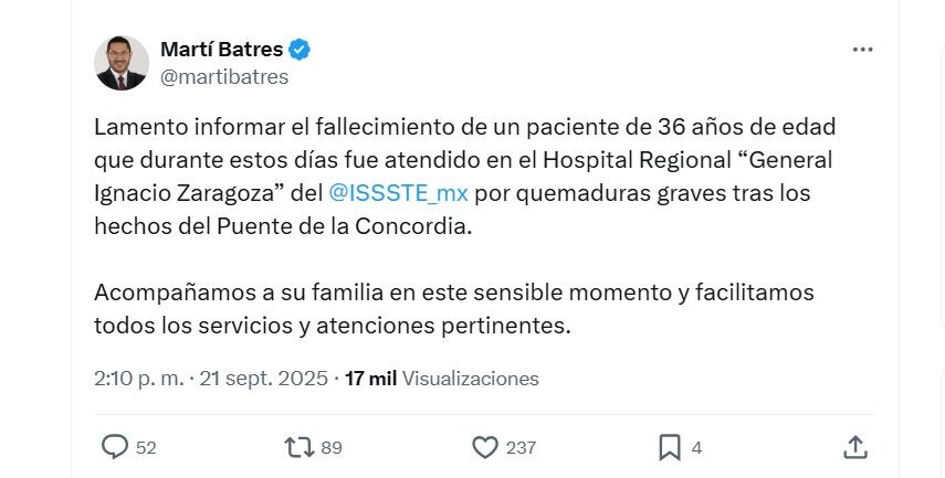 Martí Batres confirmó el fallecimiento de una persona de 36 años que fue víctima de la explosión de una pipa en Iztapalapa (X/ @martibatres)