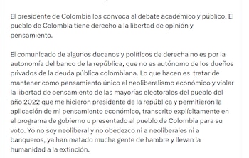 Así respondió Petro a decanos que pidieron proteger la autonomía del Banco de la República - crédito @petrogustavo/X