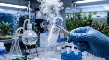Una mano con guante azul sostiene con pinzas un tubo congelado del que emana vapor, junto a frascos de laboratorio y acuarios de fondo.