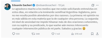 Captura de pantalla de un tweet de Eduardo Sacheri con su foto de perfil y texto completo, y los contadores de comentarios, retuits, me gusta y vistas