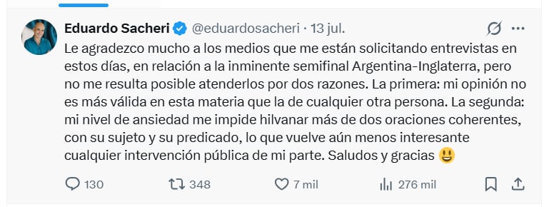 Eduardo Sacheri publica un mensaje en redes sociales sobre su decisión de no conceder entrevistas previas a la semifinal entre Argentina e Inglaterra, citando motivos personales y ansiedad.