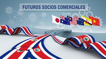 Imagen conceptual: Banderas de Costa Rica formando un camino que se conecta con banderas de Japón, Australia, Malasia, Nueva Zelanda, Brunéi y Vietnam, con fondo tecnológico.