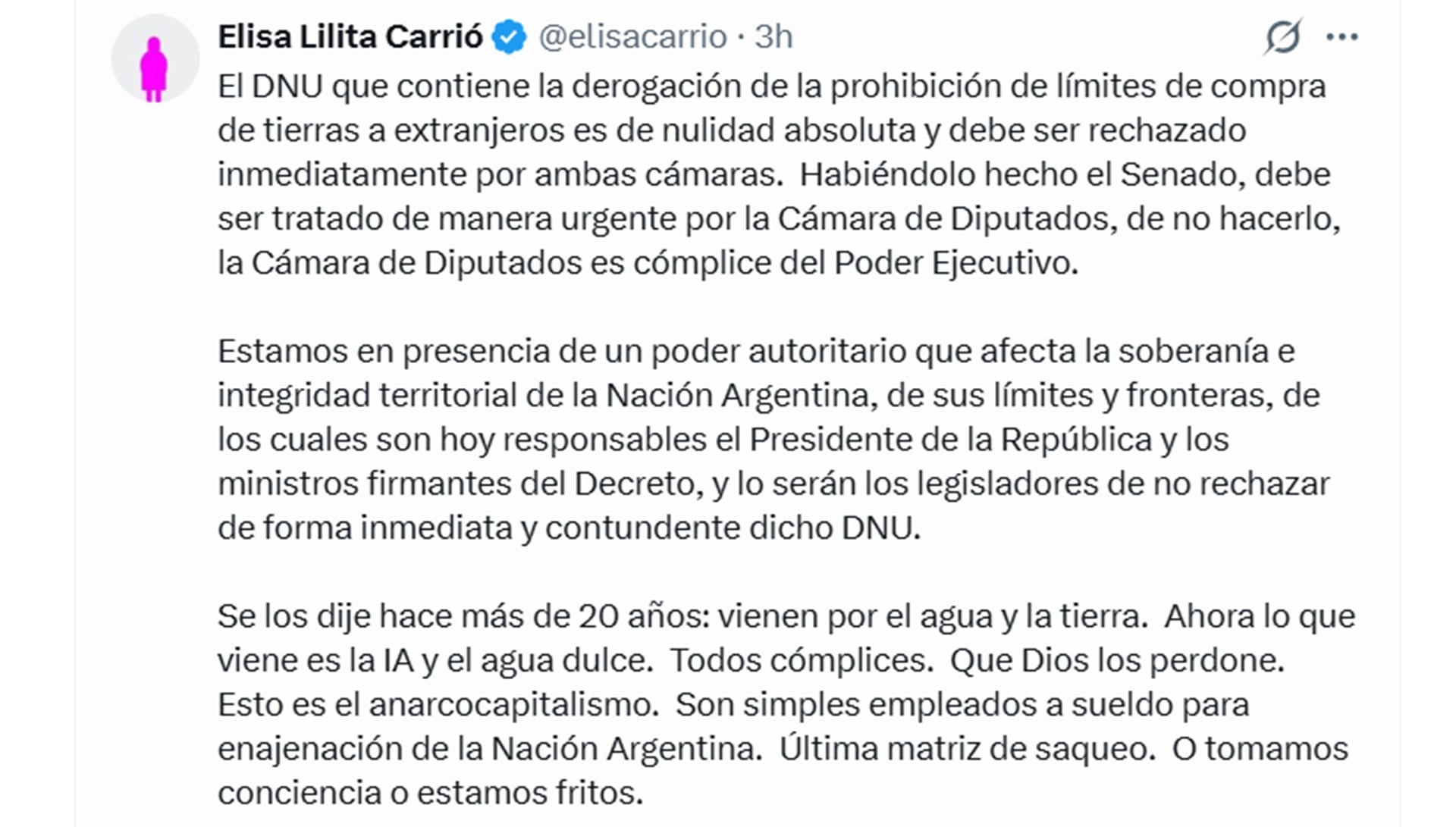 Elisa Carrió - Ley de Tierras