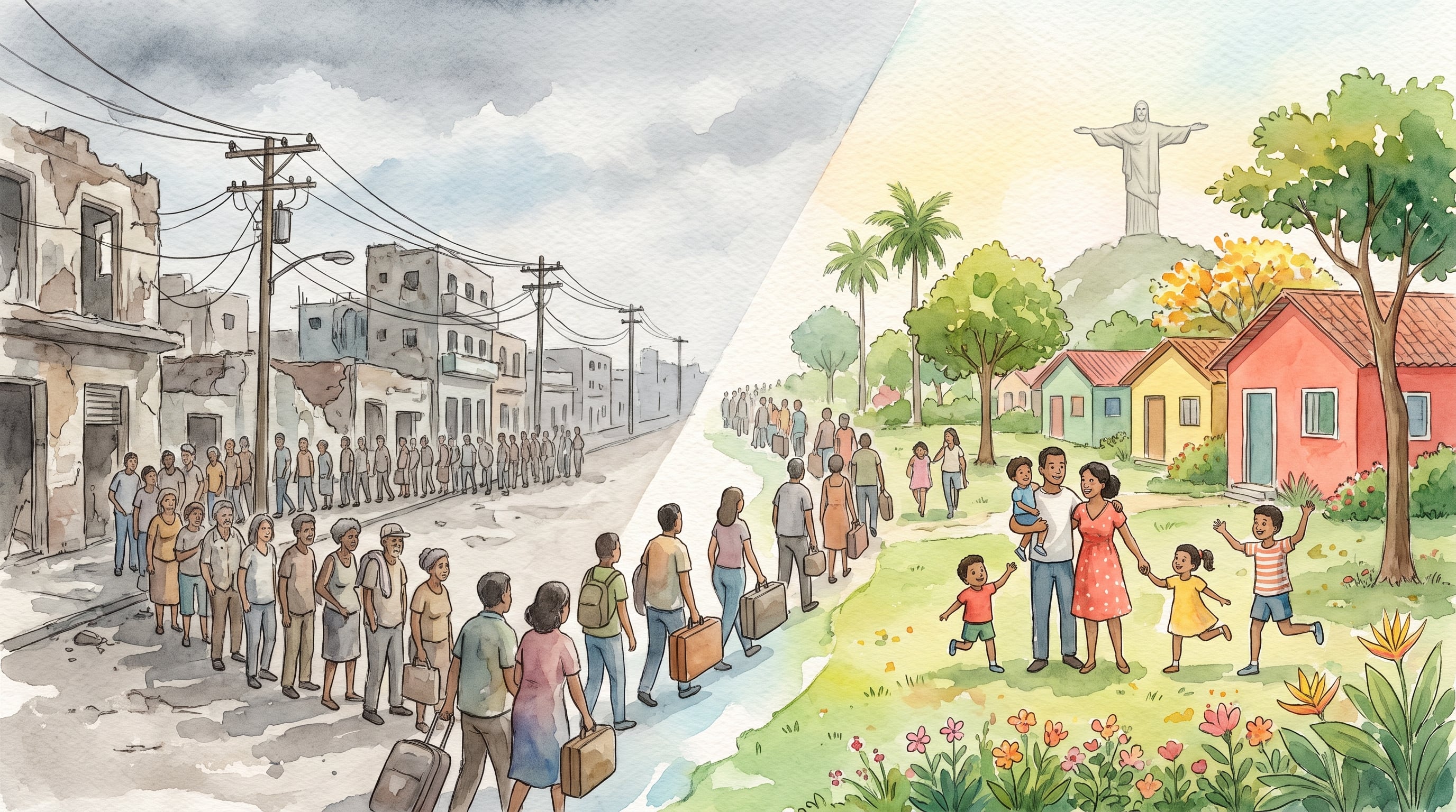 Una ilustración contrapone la vida en Cuba con la llegada a Brasil a través de un grupo de personas que transita con equipaje desde una calle gris hacia un parque soleado. (Imagen Ilustrativa Infobae)