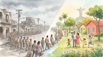 Ilustración en acuarela de personas con maletas caminando desde una calle gris hacia un área verde con casas de colores y una escultura al fondo.