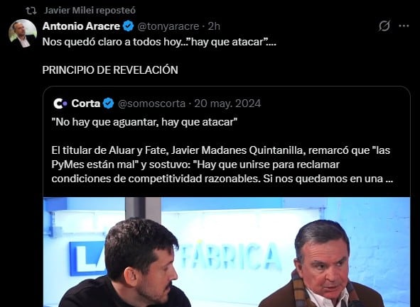 Publicación de Antonio Aracre sobre Javier Madanes Quintanilla con el retuit de Javier Milei