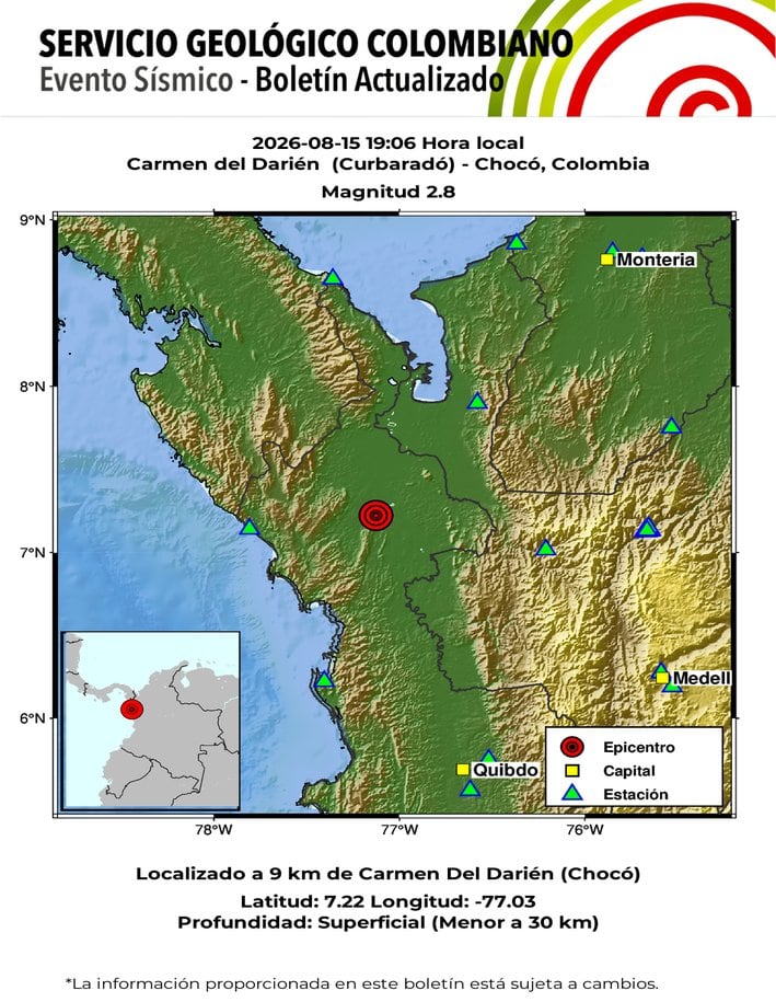 Un sismo de 2,8 se reportó en Chocó, en la noche del 15 de agosto de 2026 - crédito SGC/X