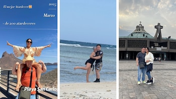 Triptych. Kenji Fujimori carga a Erika Muñoz en hombros en playa San Carlos, Sonora. Ambos abrazan en una playa y posan frente a una iglesia