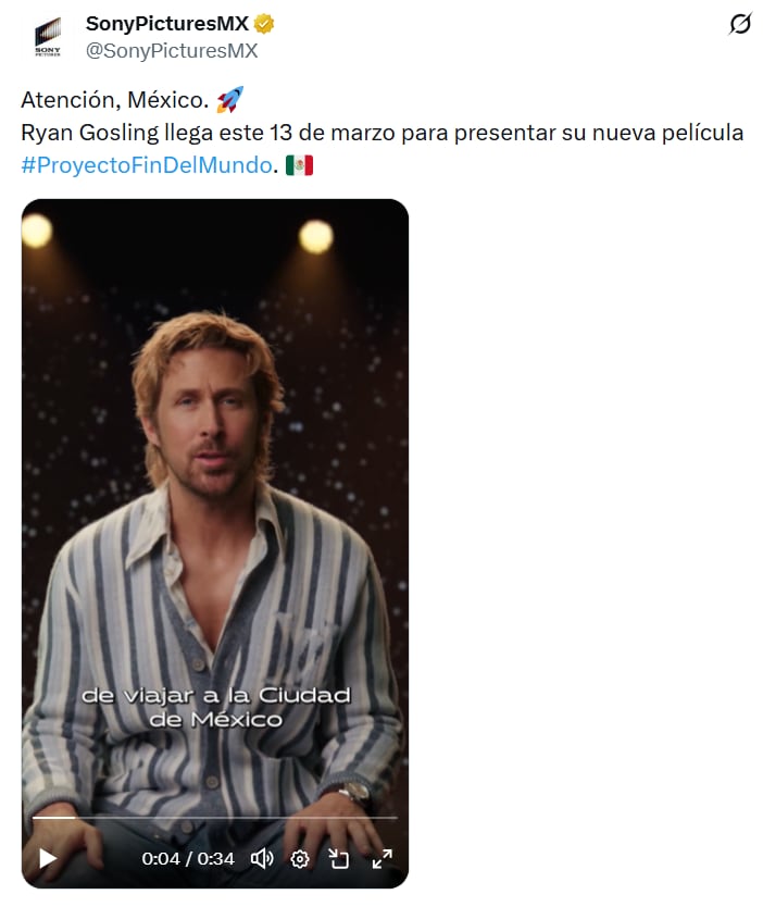 Gosling realizó el anuncio de su visita a la CDMX a través de un video en la cuenta oficial de la productora. (X/ @SonyPicturesMX)