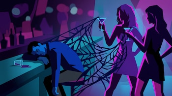 Ilustración vectorial de un hombre inconsciente en la barra de un bar y dos siluetas de mujeres con copas de las que sale una red negra.