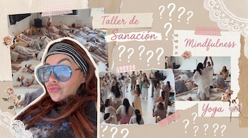 Chiquis Rivera en primer plano con gafas de sol y diadema; collage con imágenes de grupos en talleres de sanación, yoga y mindfulness, textos, rosas y signos de interrogación.