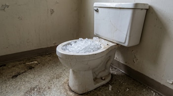 Imagen de un inodoro blanco sucio y agrietado, lleno de cubos de hielo, en un baño con paredes desconchadas y suelo de baldosas muy sucio.