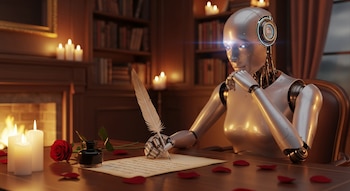 Un robot humanoide con ojos brillantes escribe con una pluma sobre papel antiguo en un escritorio. Hay velas encendidas, una rosa roja, un tintero y pétalos rojos dispersos.