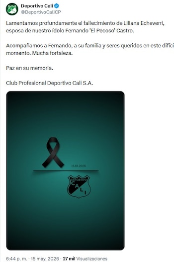 Deportivo Cali expresó su solidaridad con Fernando "Pecoso" Castro por el fallecimiento de su esposa - crédito @DeportivoCaliCP/X