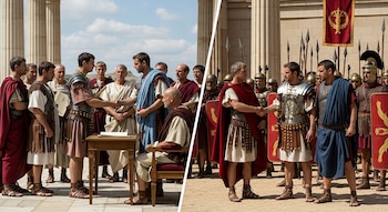 Hombres con vestimenta romana y antigua, legionarios armados con lanzas y escudos, columnas de piedra y un estandarte romano en dos escenas separadas.