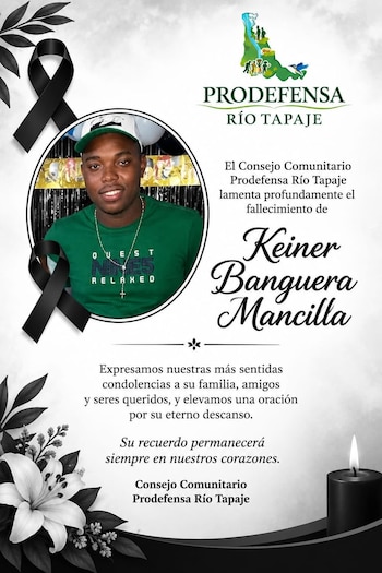 La comunidad de El Charco reconoce a Keiner Banguera por su liderazgo en el Consejo Comunitario Pro Defensa del Río Tapaje - crédito Facebook