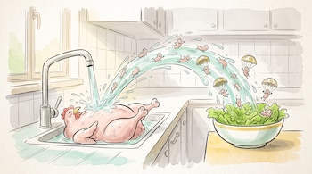 Dibujo de un pollo crudo bajo el grifo en un fregadero, con salpicaduras de agua y bacterias animadas que caen en un cuenco con lechuga.