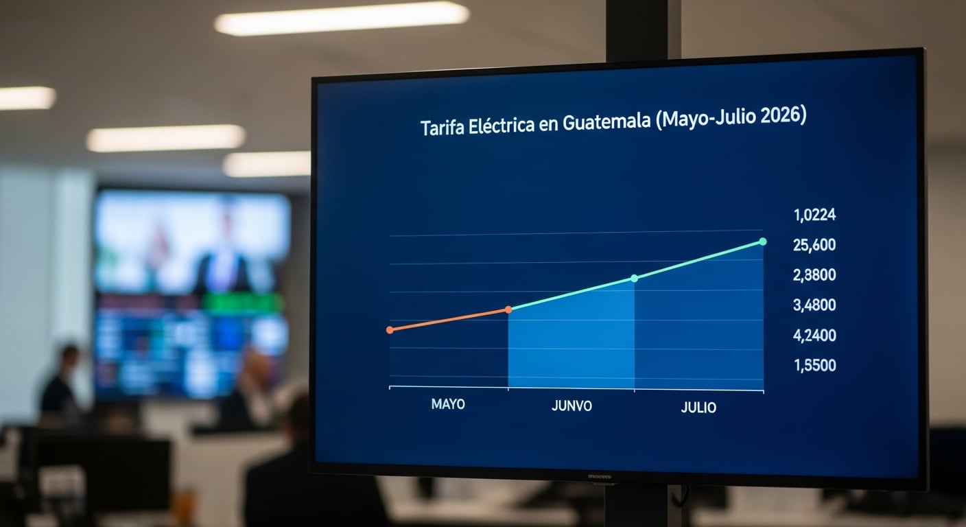 Un monitor en una oficina muestra un gráfico de la tarifa eléctrica en Guatemala, indicando estabilidad para el trimestre de mayo a julio de 2026. (Imagen Ilustrativa Infobae)
