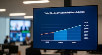 Pantalla de monitor mostrando un gráfico de línea y barras que representa la "Tarifa Eléctrica en Guatemala (Mayo-Julio 2026)", en un entorno de oficina.