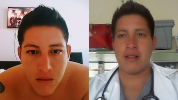 Composición de dos fotografías de un hombre joven de cabello oscuro, una de torso desnudo y otra con bata médica y estetoscopio